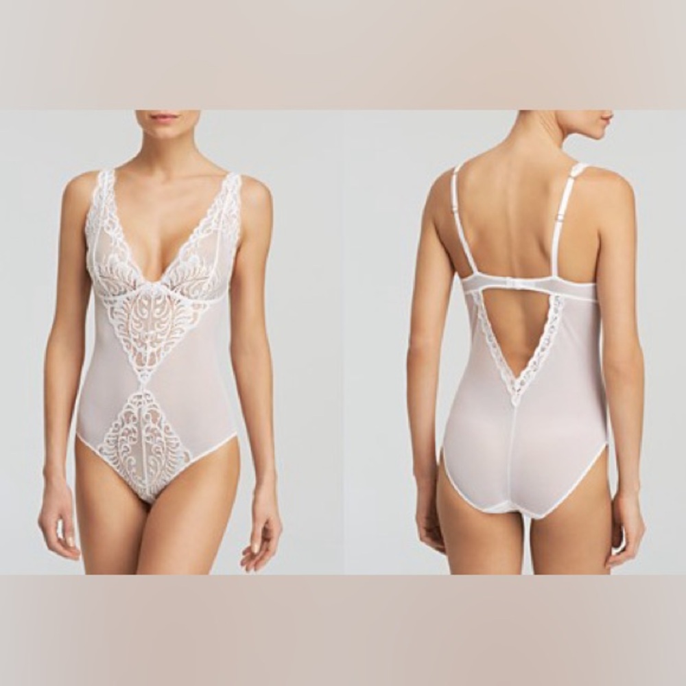 Natori Feathers Unlined Lace Bodysuit, White, Medium
